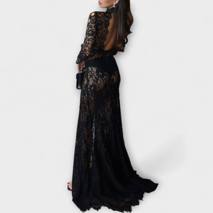 Azalea | Midnight Elegance Long Maxi Dress with Sheer Lace Sleeves