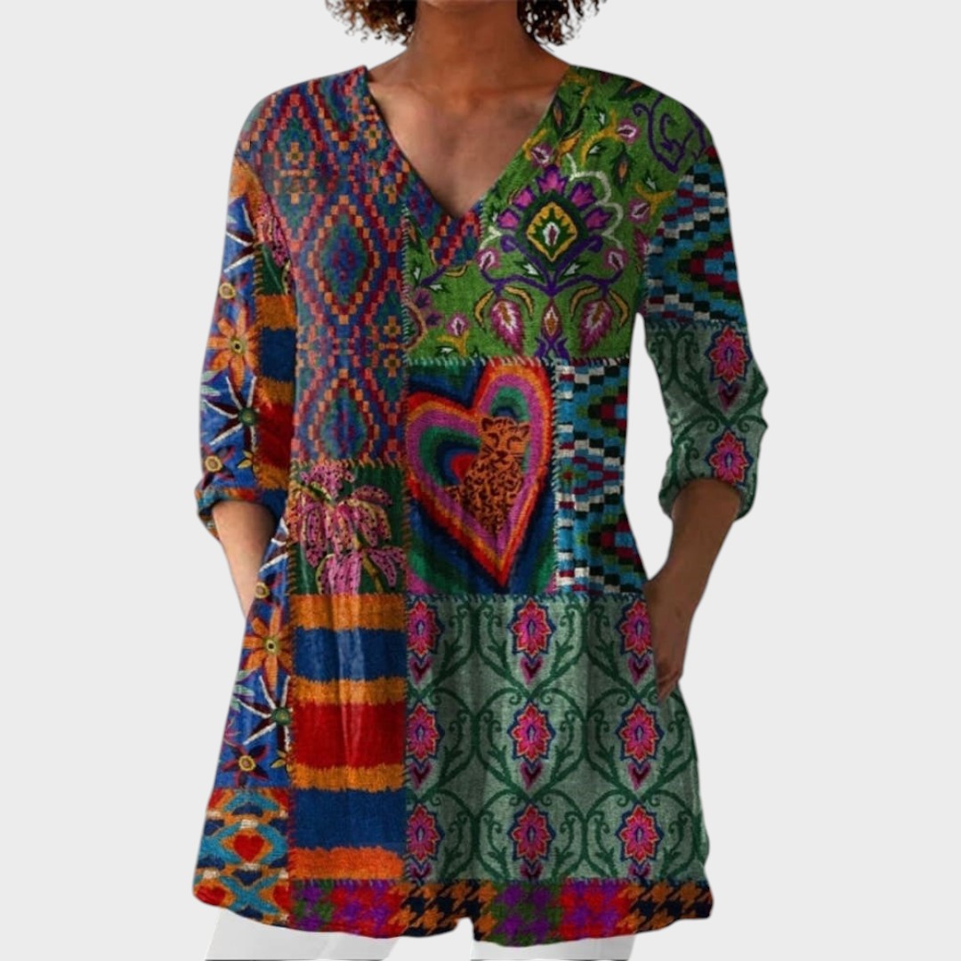 Mia – women's boho long blouse with V-neck | Bella Taylor - New York