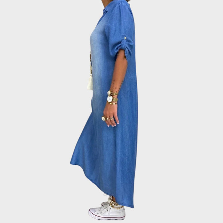 Lea | Long Denim Effect Dress with Side Slit
