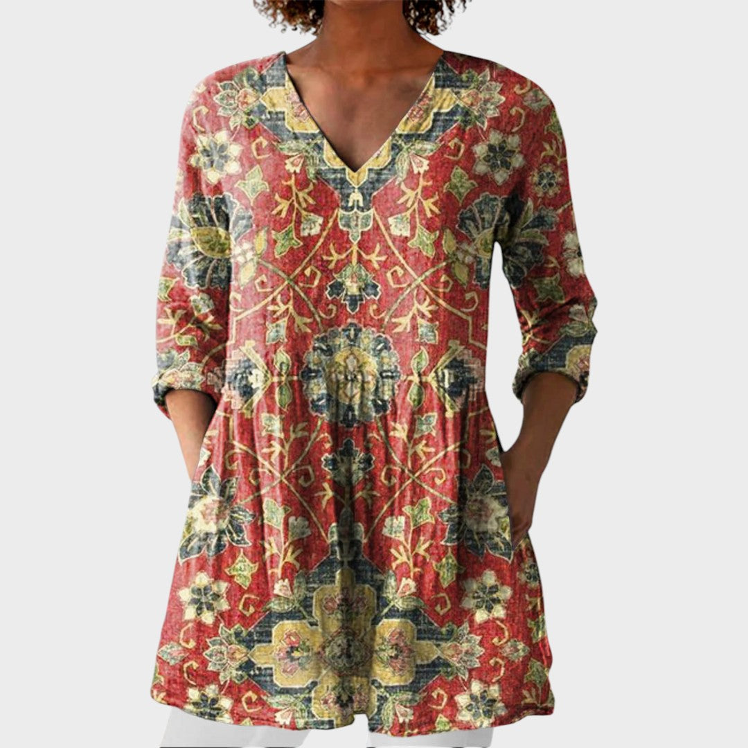 Lea – women's boho long blouse with V-neck | Bella Taylor - New York