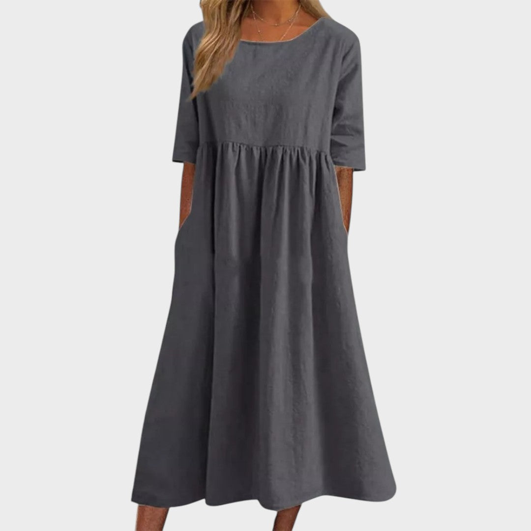 Lucia | Cotton Dress with Round Neck and Waist Detail