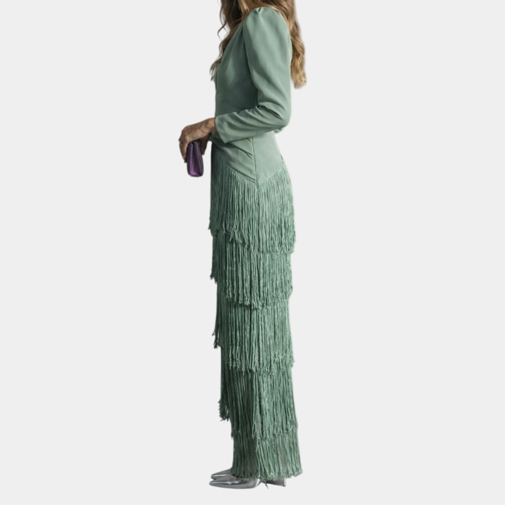 Eulalie | Elegant Midi Dress with Fringe Sleeves