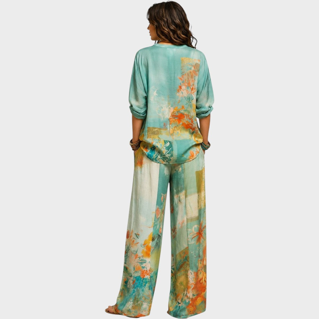 Celidora | Elegant Floral Print Set with Wide Leg Pants