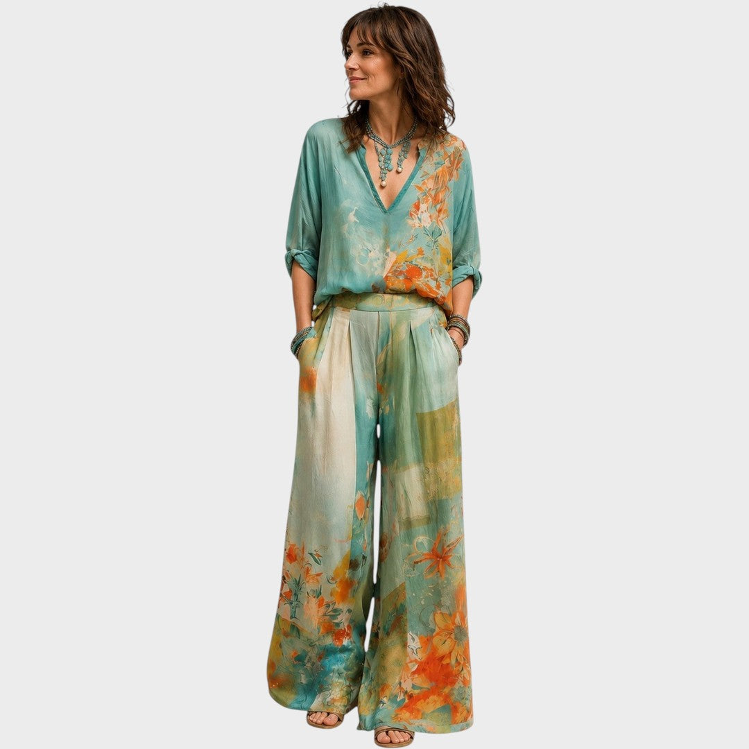 Celidora | Elegant Floral Print Set with Wide Leg Pants