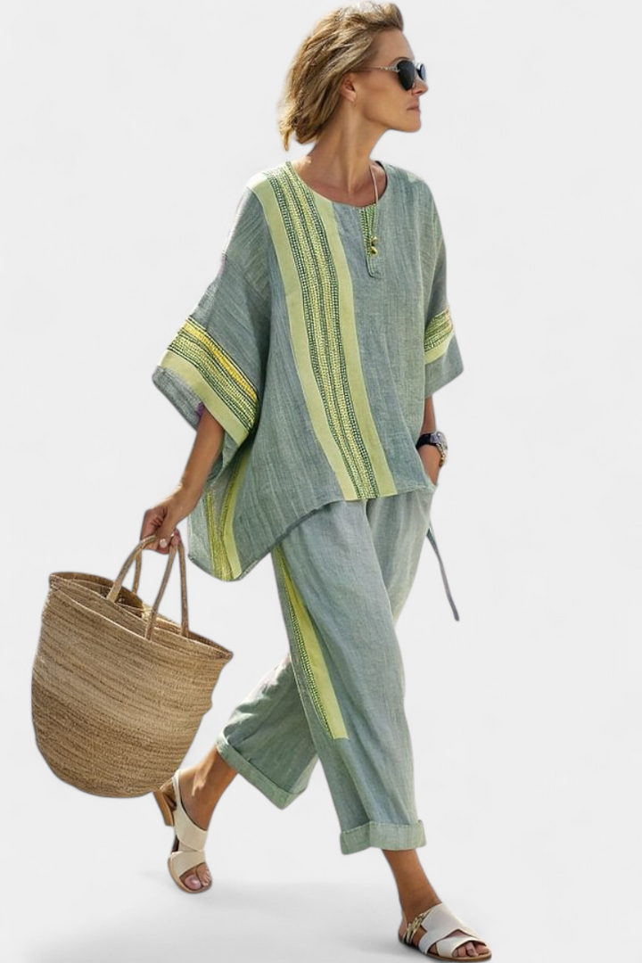 Abigail | Elegant Lavender Top and Mustard Striped Trousers