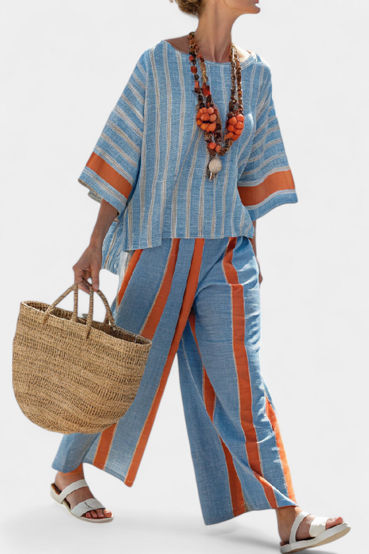 Aurora | Sophisticated Terracotta Striped Top and Linen Trousers