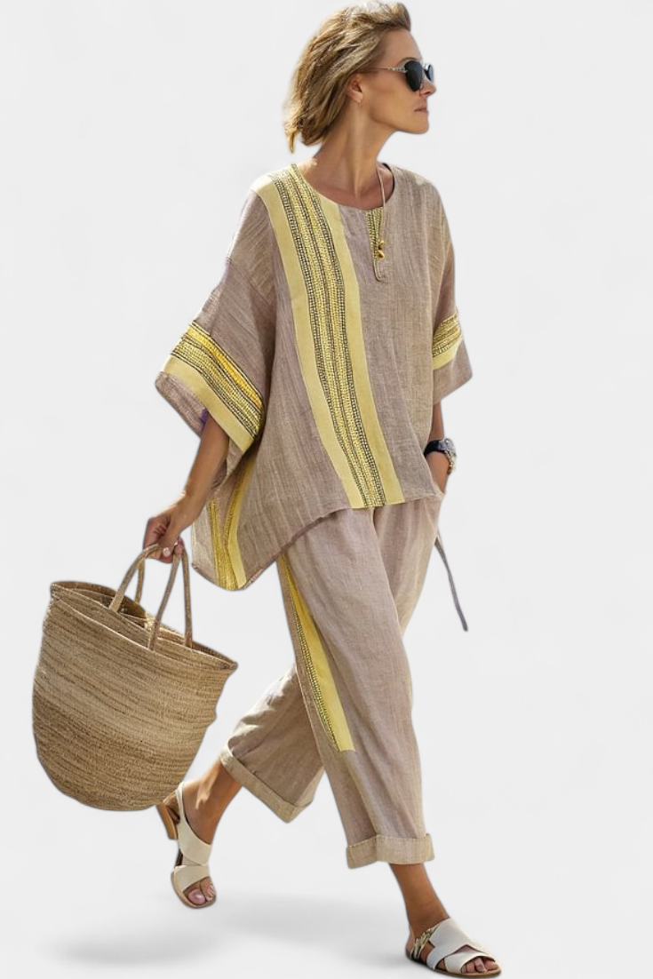 Abigail | Elegant Lavender Top and Mustard Striped Trousers