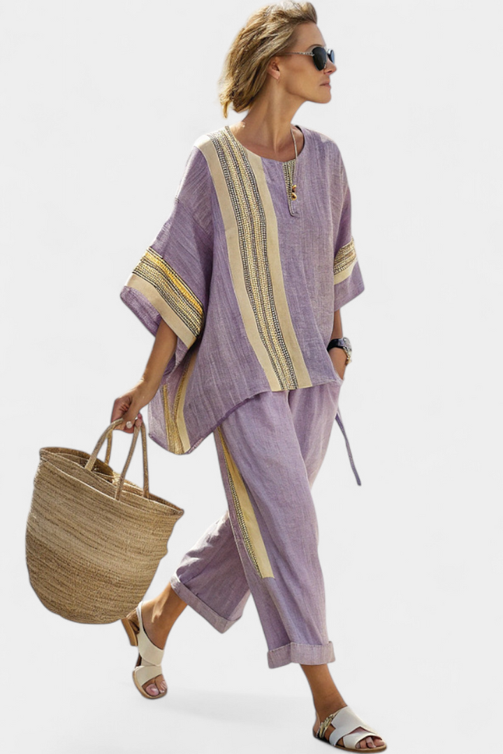 Abigail | Elegant Lavender Top and Mustard Striped Trousers