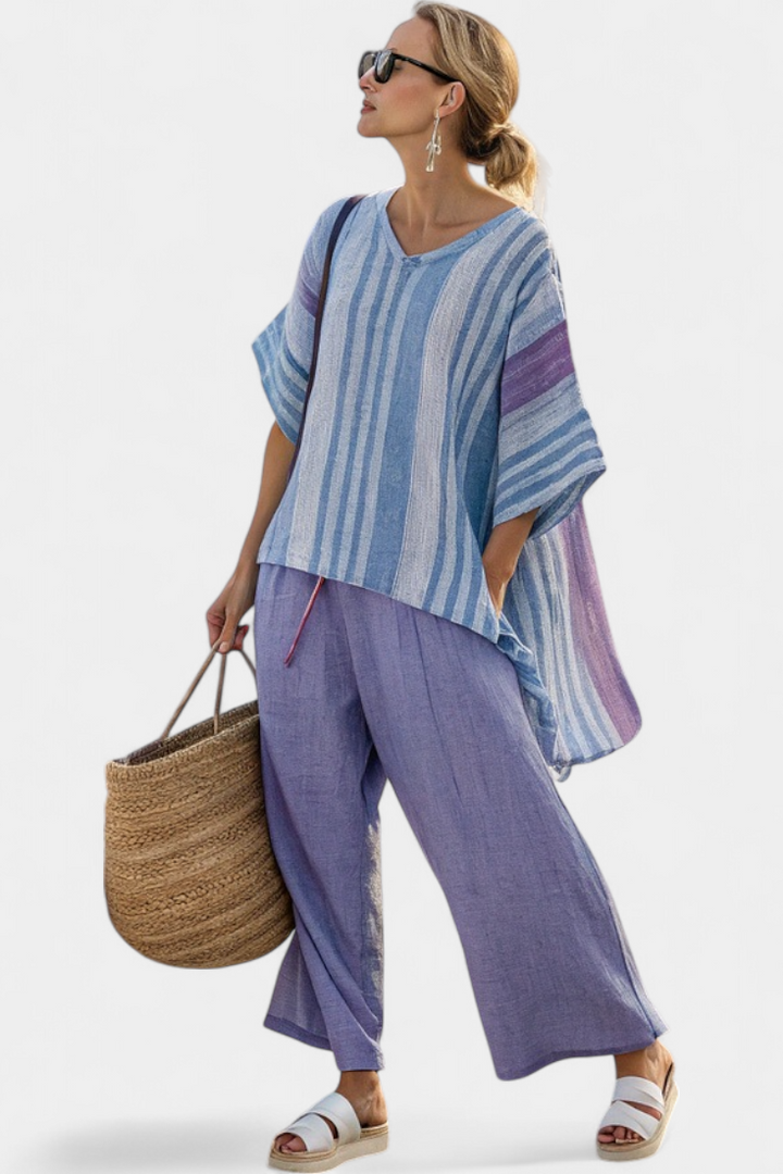 Hazel | Elegant Lavender and Sky Blue Top and Linen Trousers