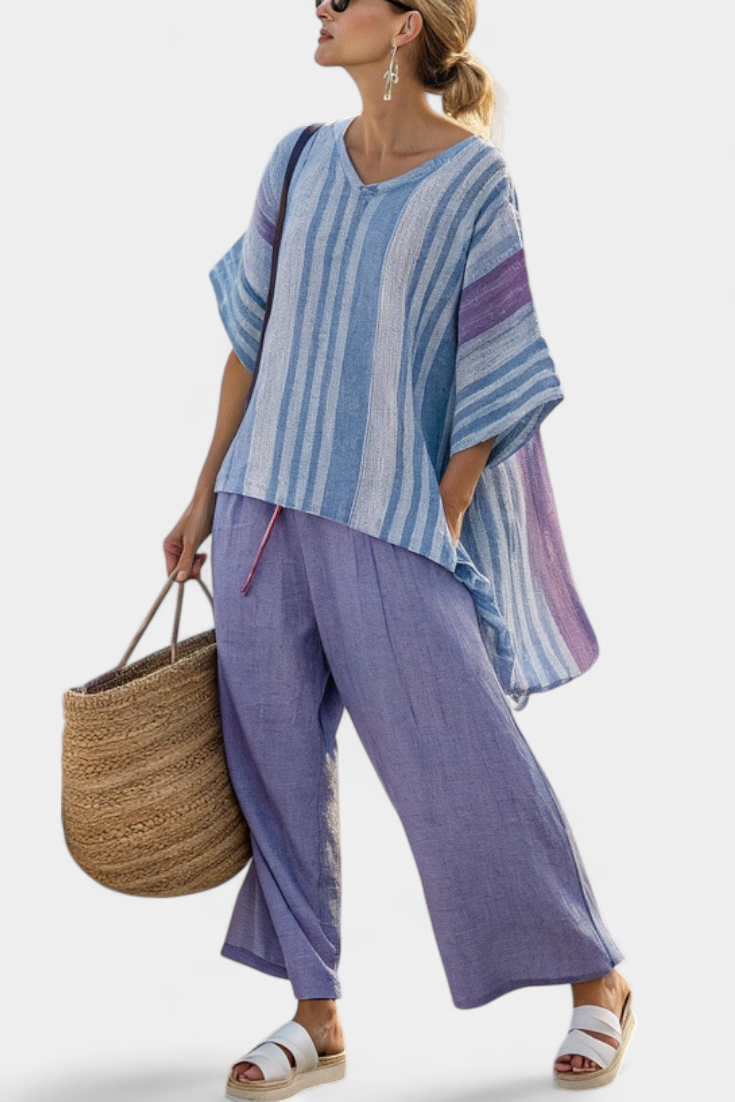 Hazel | Elegant Lavender and Sky Blue Top and Linen Trousers