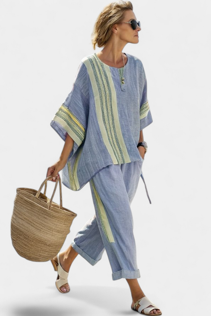 Abigail | Elegant Lavender Top and Mustard Striped Trousers