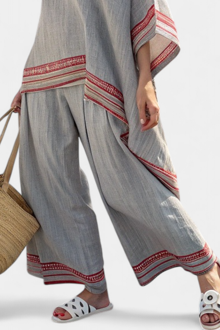 Claire | Sophisticated Asymmetric Blouse and Ethnic Wide-leg Trousers