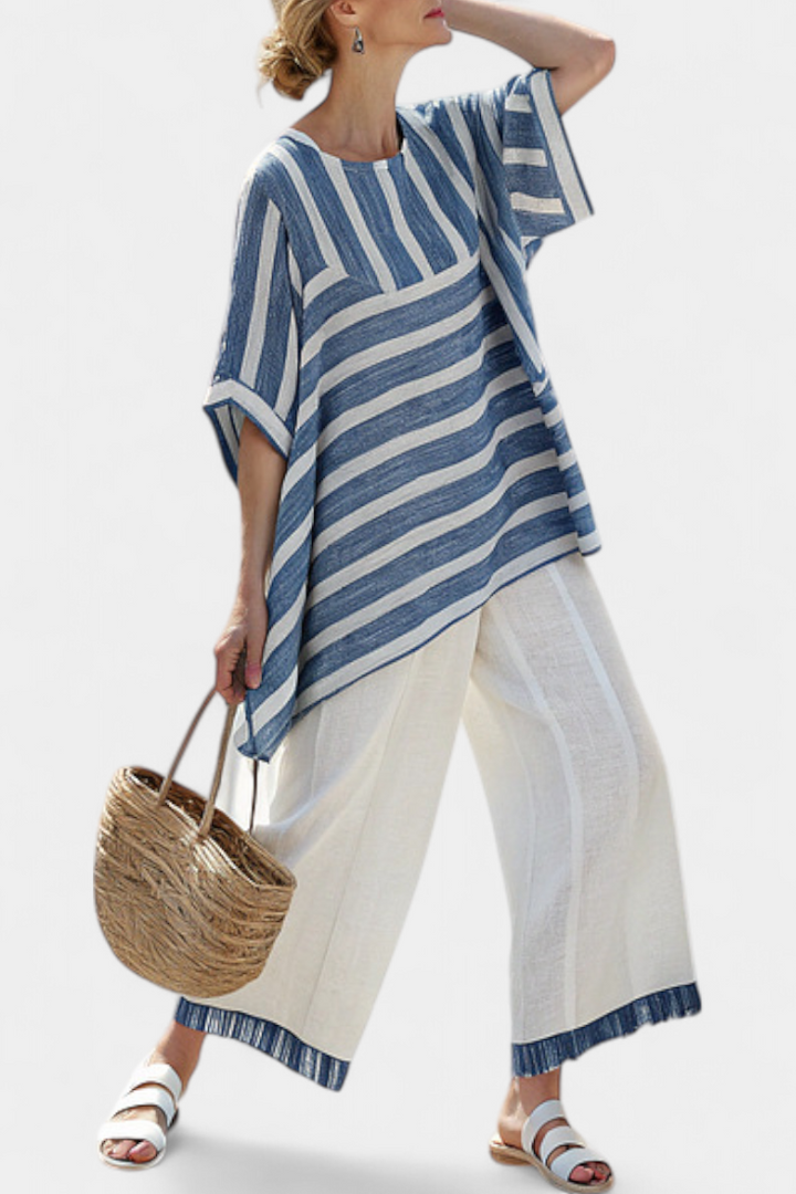 Colette | Sophisticated Blue Striped Top and Trousers with Hem Detailing
