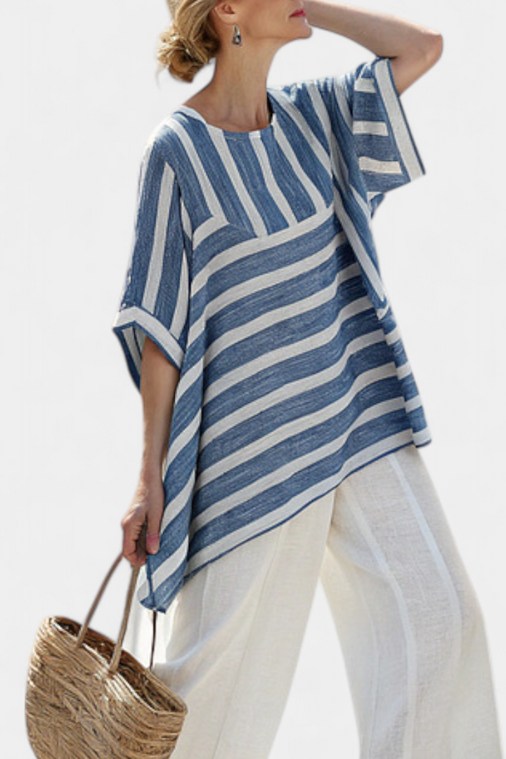 Colette | Sophisticated Blue Striped Top and Trousers with Hem Detailing