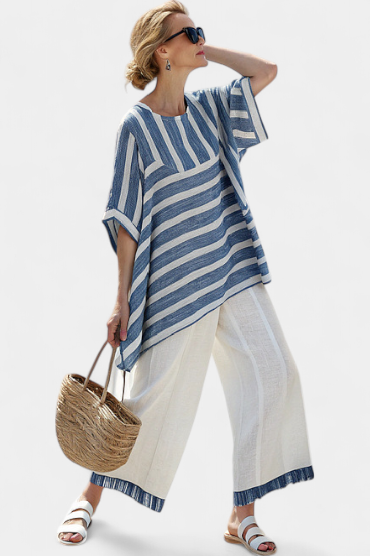 Colette | Sophisticated Blue Striped Top and Trousers with Hem Detailing