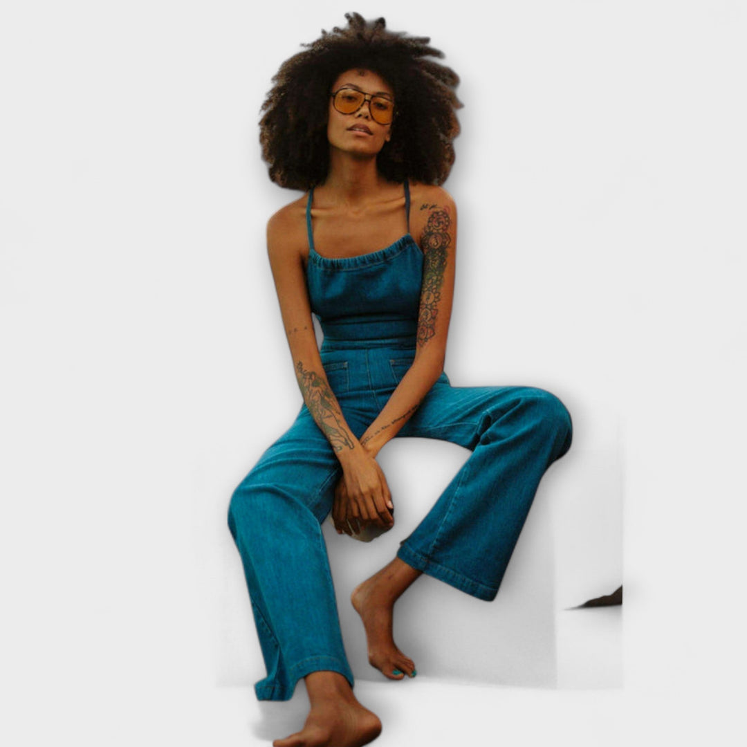 Julie | Flared Denim Jumpsuit with Tie Detail