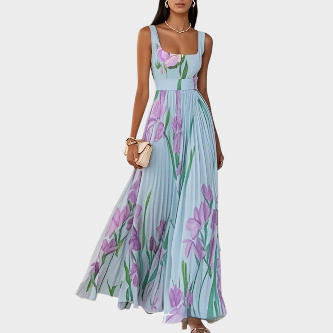 Luxe | Long Pleated Dress with Square Neckline and Chiffon Flowers