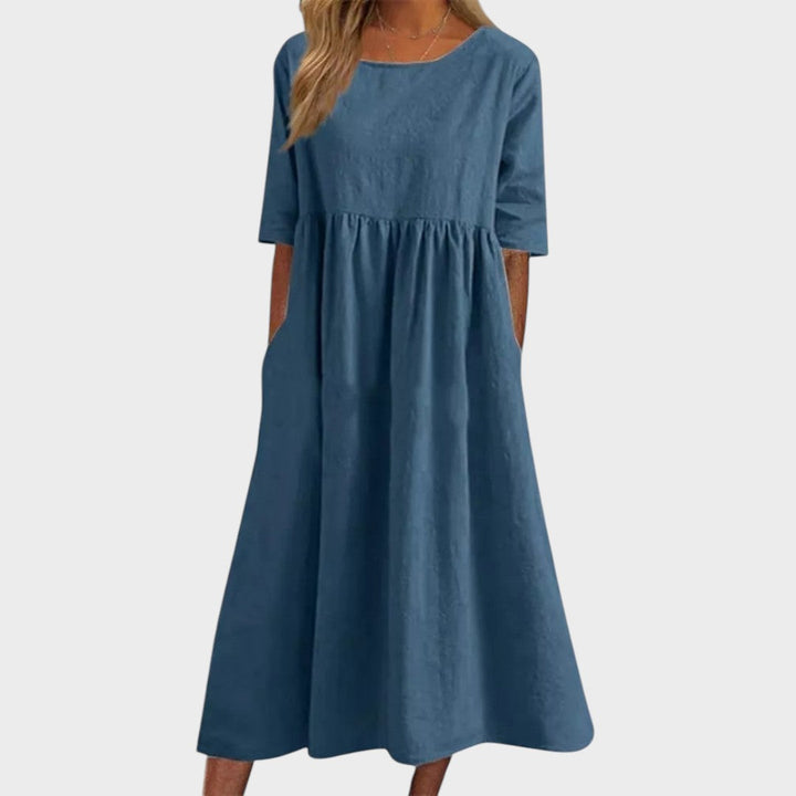 Lucia | Cotton Dress with Round Neck and Waist Detail