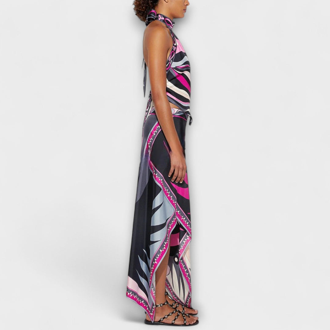 Everly | Halter Top and Asymmetrical Midi Skirt Set