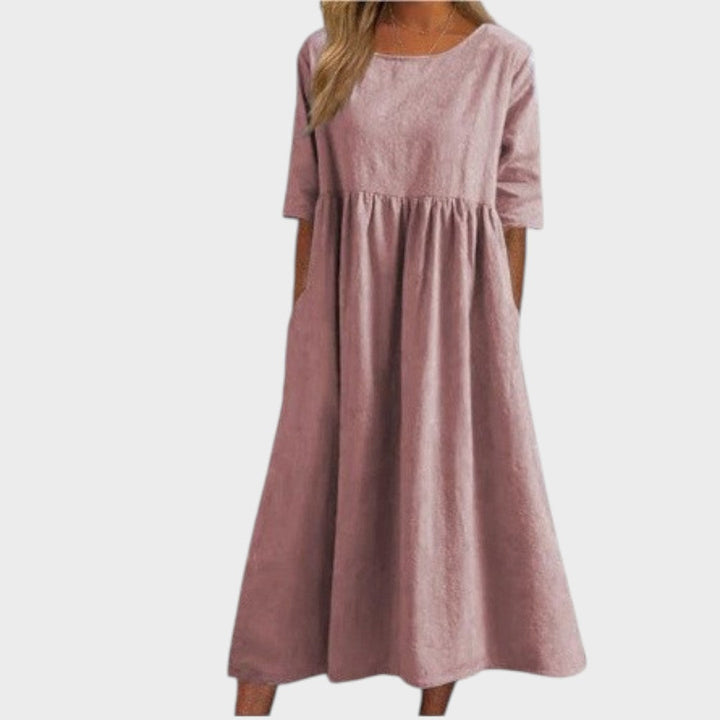 Lucia | Cotton Dress with Round Neck and Waist Detail