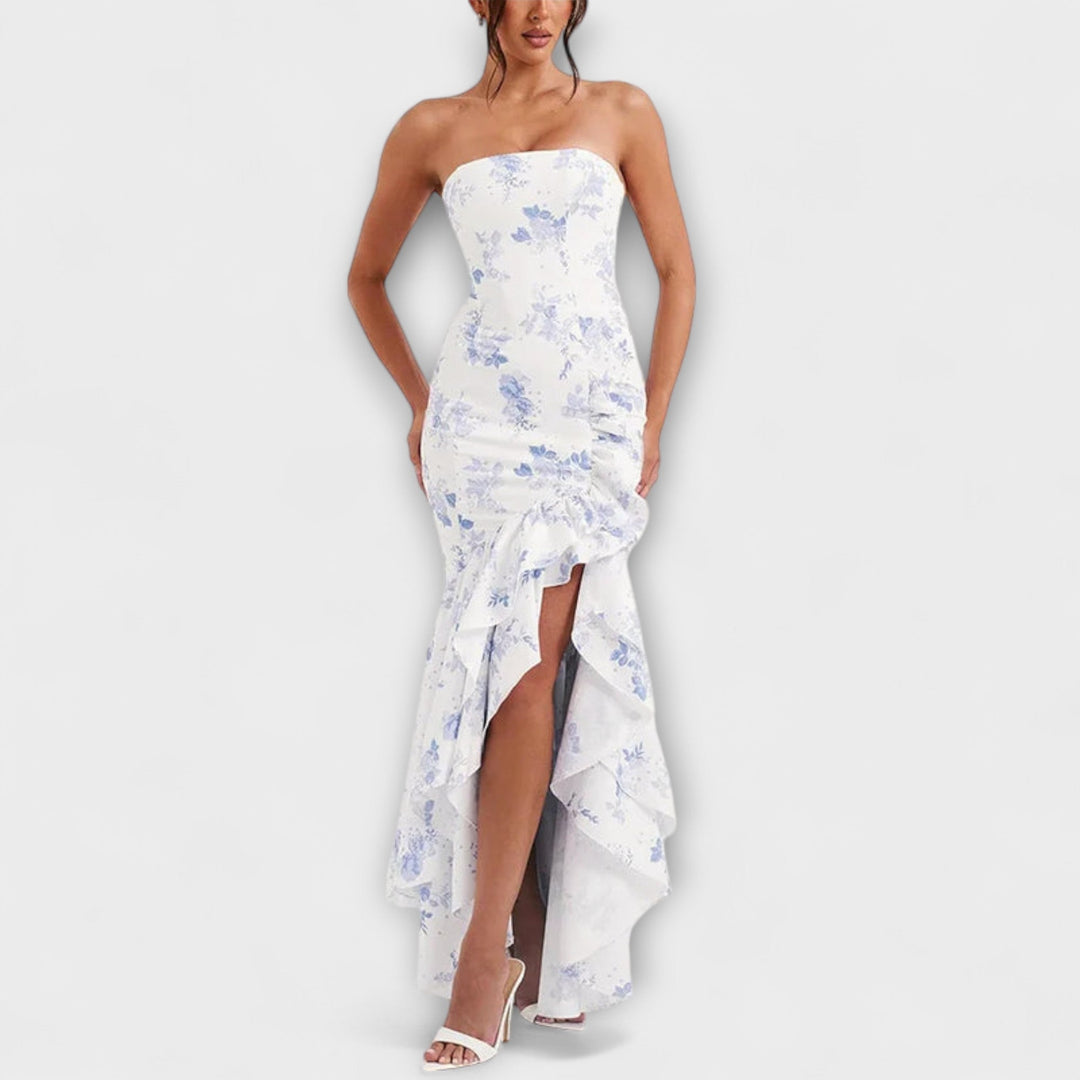 Zuri | Maxi dress with off-the-shoulder design and asymmetrical hem