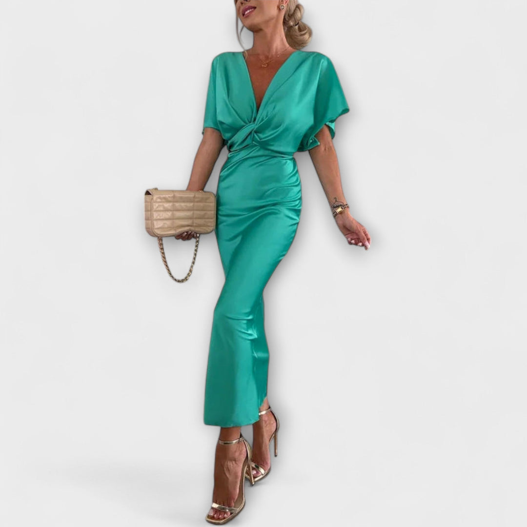 Sable | Maxi dress with V-neck and solid satin crossover knot