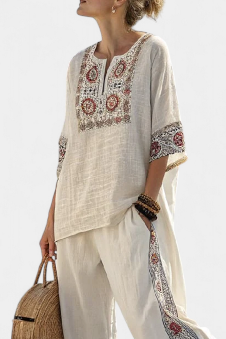 Amanda | Basic Embroidered Blouse and Wide-leg Trousers