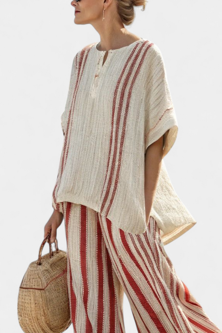 Sylvie | Red Striped Structured Top and Linen Trousers