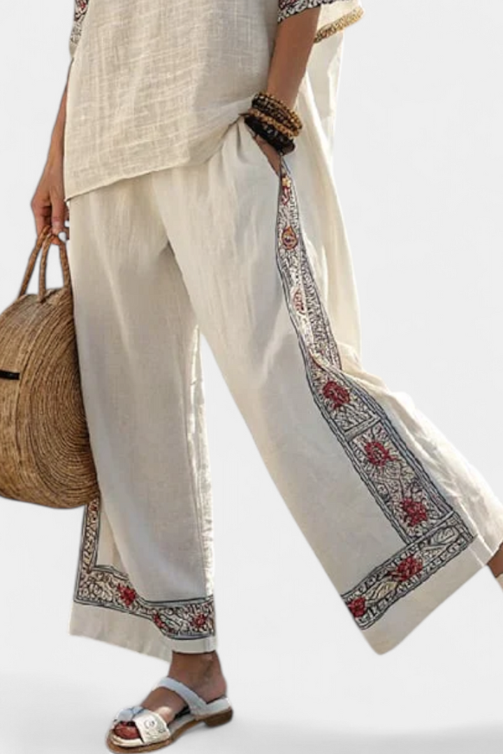 Amanda | Basic Embroidered Blouse and Wide-leg Trousers